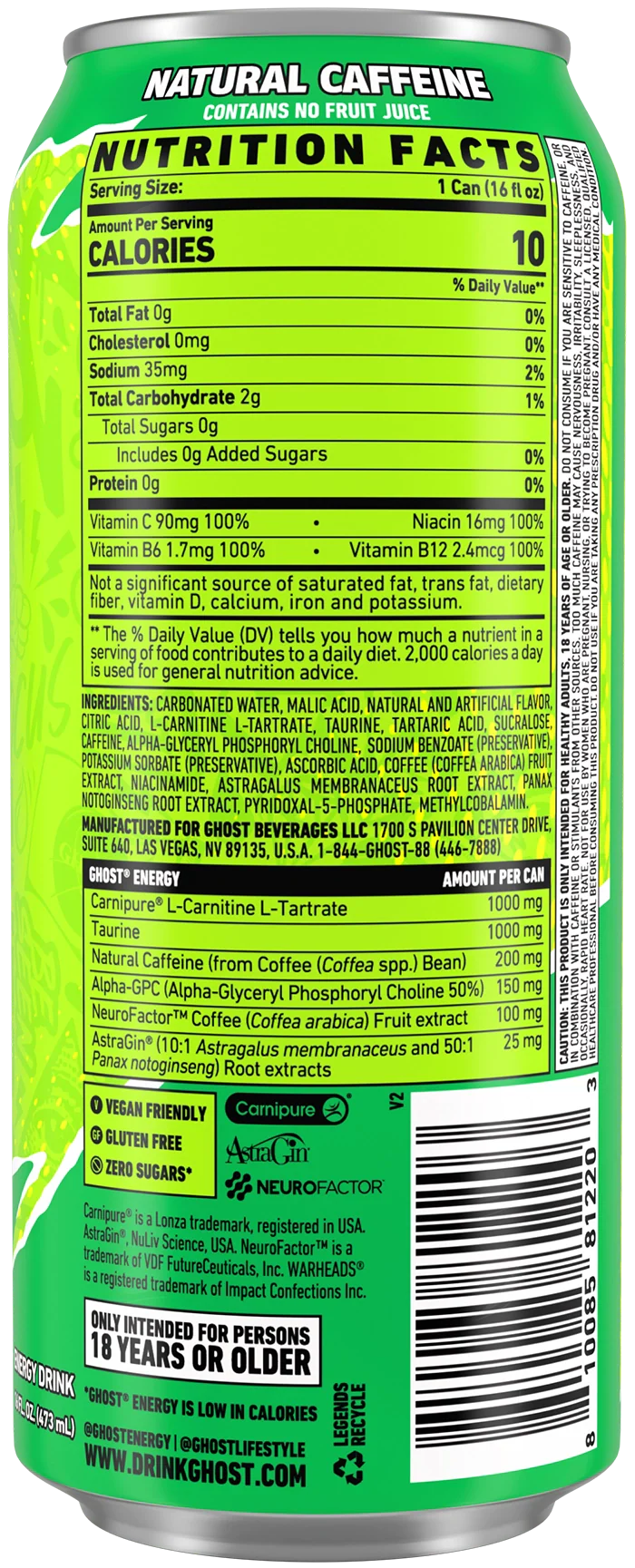 Ghost Energy Drink Warheads Green Apple 12/473ml - Image 2