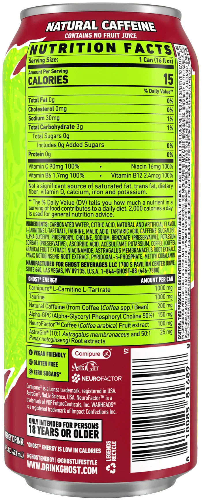 Ghost Energy Drink Warheads Sour Black Cherry 12/473ml - Image 2